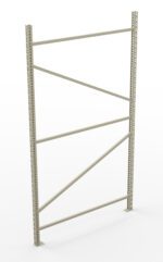 A metal shelving frame with vertical and diagonal support beams in a light gray color. The structure is designed for holding shelves and is standing on a white background.