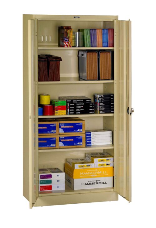 xpeqyyizqh45me9fhd9o.jpg A beige storage cabinet with open doors displaying various office supplies. Shelves hold colored paper, binders, file folders, and boxes of Hammermill paper. The cabinet is organized and well-stocked.