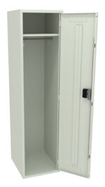 Open metal locker with a single door ajar, showing an empty interior. It has a hanging rod near the top and is painted a pale gray.