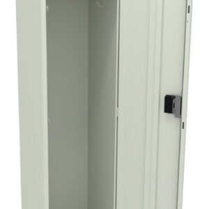 Open metal locker with a single door ajar, showing an empty interior. It has a hanging rod near the top and is painted a pale gray.