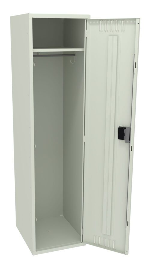 Open metal locker with a single door ajar, showing an empty interior. It has a hanging rod near the top and is painted a pale gray.