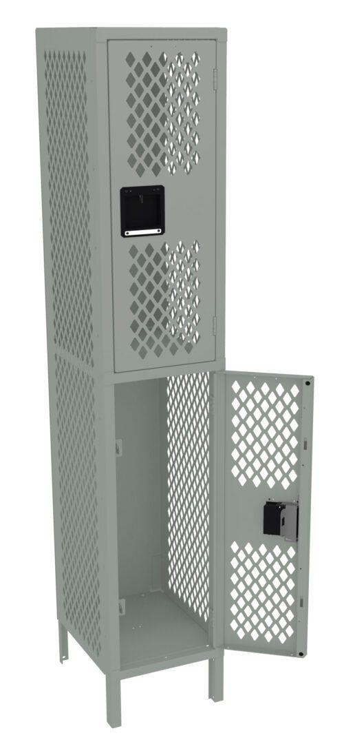 A tall, two-tiered metal locker with a perforated diamond pattern. The upper compartment is closed, while the lower door is open, displaying an empty interior. The locker is painted in a light gray color and stands on four short legs.