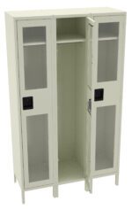 A beige metal locker with three compartments is shown. The doors are partially open, revealing a hanging rod and shelves inside. Each door has a rectangular glass panel and a black handle. The locker stands on small legs.