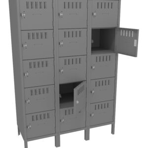 A row of three grey metal locker units, each containing four individual compartments. Some compartments have their doors open, revealing empty interiors. The lockers have ventilation slits and are standing on raised legs.