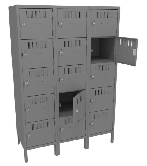 xqfti8xgyvh8joe2x0ca.jpg A row of three grey metal locker units, each containing four individual compartments. Some compartments have their doors open, revealing empty interiors. The lockers have ventilation slits and are standing on raised legs.