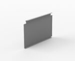 A gray rectangular metal panel with small notches on the top and bottom edges, standing upright against a plain white background. Shadows cast on the surface suggest the panels three-dimensional form.