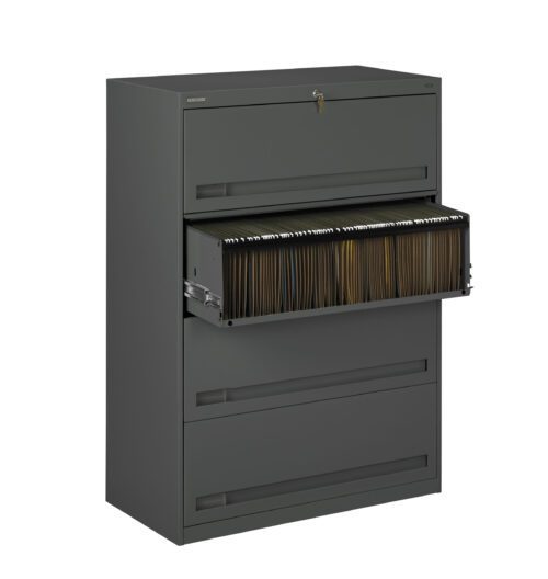 A gray metal filing cabinet with four drawers is shown. The second drawer is open, revealing neatly organized hanging file folders. The first drawer has a lock. The cabinet appears sturdy and functional, designed for office use.