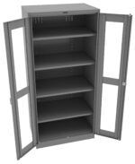 A tall, gray metal cabinet with transparent glass doors open, revealing five empty shelves inside. The cabinet is standing upright and appears sturdy, suitable for storage or display purposes.