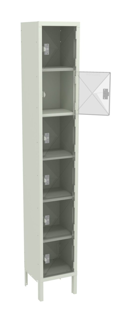 xqv8yqk3arv4t8ora7xt.jpg A tall, narrow metal locker with five compartments and one open door revealing empty shelves. The locker is beige and freestanding, with simple latch mechanisms on each door.