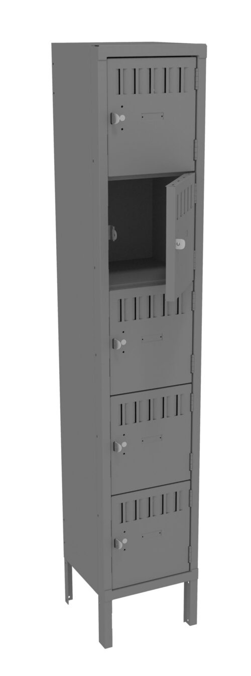 xqyg7y8ewzicpaf9smwj.jpg Grey metal locker with four compartments, each with a handle and ventilation slits. The second compartment from the top is open, showing the interior, while the others are closed. Locker stands on four legs.
