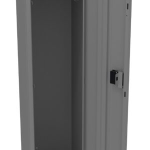 A grey metal storage locker with a single door open, revealing an empty interior with a hanging rod. The door has a handle and a lock.