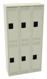 A beige metal storage unit with six lockers, arranged in two vertical columns and three rows. Each locker has a black handle and ventilation slits near the top and bottom. The surface is smooth and unadorned.