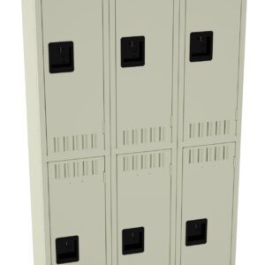 A beige metal storage unit with six lockers, arranged in two vertical columns and three rows. Each locker has a black handle and ventilation slits near the top and bottom. The surface is smooth and unadorned.