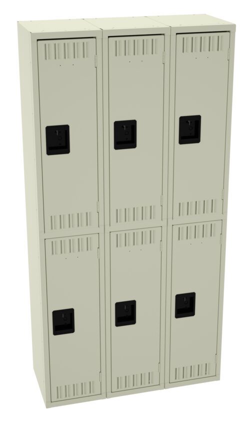 A beige metal storage unit with six lockers, arranged in two vertical columns and three rows. Each locker has a black handle and ventilation slits near the top and bottom. The surface is smooth and unadorned.