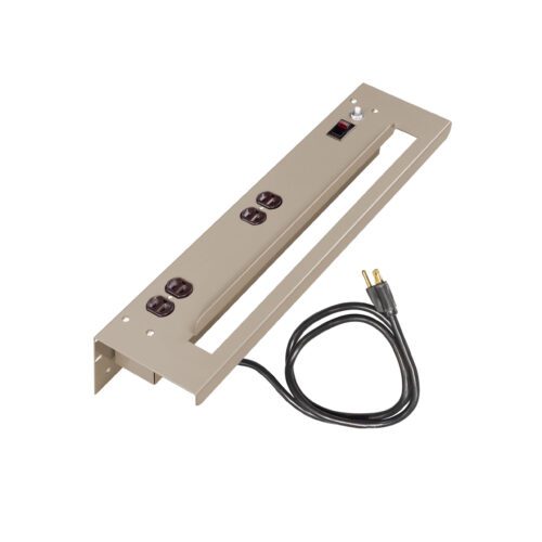 A metallic beige rectangular power strip with four brown sockets, a black power switch, and a connected black power cord with a two-prong plug. The strip is designed for mounting, with brackets on both ends.