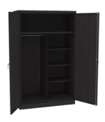 A black open metal cabinet with two doors. Inside, it features a hanging rod on the left and four adjustable shelves on the right. The exterior handles are visible on the doors.