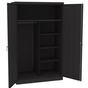 A black open metal cabinet with two doors. Inside, it features a hanging rod on the left and four adjustable shelves on the right. The exterior handles are visible on the doors.