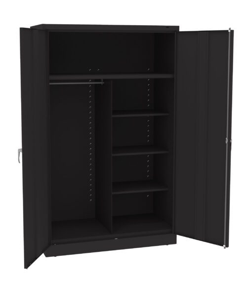 xroqilwcwqveyapgjrfu.jpg A black open metal cabinet with two doors. Inside, it features a hanging rod on the left and four adjustable shelves on the right. The exterior handles are visible on the doors.