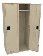 Beige metal storage locker with two doors, the right door open, revealing an interior compartment with a hanging rod at the top. The left door is closed. The locker has ventilation slots and black handles.