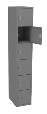 A tall, gray locker with six compartments. The second compartment from the top is open, showing an empty interior. The locker has small handles and number dials on each compartment door.