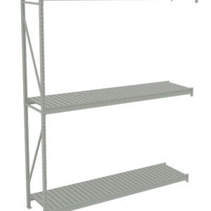 A gray, metal shelving unit with three horizontal shelves and a vertical support structure on the left side. The shelves have slatted surfaces and the design is minimalist, suitable for storage or display purposes.