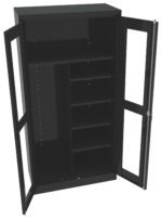 Open black metal cabinet with two glass doors. The interior features multiple adjustable shelves and compartments, designed for storage and organization. The overall design is sleek and modern.