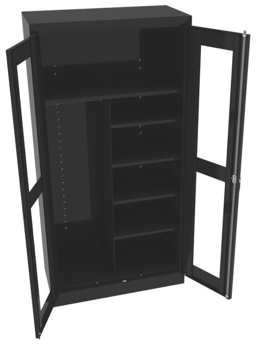 Open black metal cabinet with two glass doors. The interior features multiple adjustable shelves and compartments, designed for storage and organization. The overall design is sleek and modern.