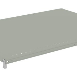 A flat, rectangular metal shelf with a gray finish and small holes along the edges, mounted on short support brackets at each corner.