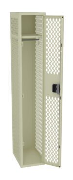 A beige metal locker with a diamond-patterned mesh design. The door is open, revealing an empty interior with a single shelf near the top. A black lock is attached to the door.
