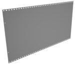 A sheet of gray perforated metal with a series of evenly spaced small rectangular holes forming a border around the edges, shown at an angle against a white background.