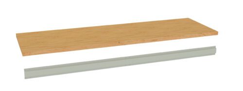 xsqohqspsibhvhdw830k.jpg A digital rendering of a light wood tabletop floating above a metallic rail. The tabletop is rectangular with a natural finish, and the metal rail is presupposed to support or attach the tabletop to a frame or structure.