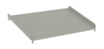 A gray, rectangular metal shelf with small brackets at each corner, viewed from an angle. The surface is flat and appears sturdy, suitable for use in shelving units.