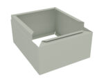 A 3D rendering of an open, empty, rectangular box with a light gray color. The box has flaps on its sides that are partially folded outwards. The image is on a plain white background.