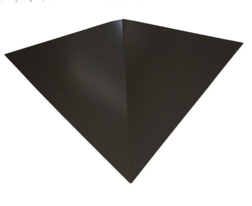 A black, geometric, triangular-shaped object with a glossy surface is centered against a white background. The shape has a prominent ridge from its top to the bottom point, creating a three-dimensional appearance.