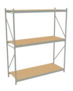 A three-tier metal shelving unit with wooden shelves is displayed. The frame is silver, with each shelf evenly spaced, providing ample storage or display space. The shelving unit stands against a plain white background.