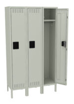 A set of three light gray metal lockers, two with closed doors and one open, revealing a clothing rod and a shelf inside. The lockers have ventilation slots and black handles.