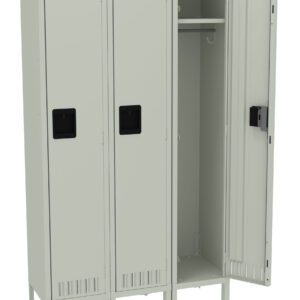 A set of three light gray metal lockers, two with closed doors and one open, revealing a clothing rod and a shelf inside. The lockers have ventilation slots and black handles.