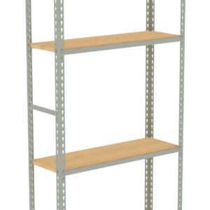 A metal shelving unit with four wooden shelves, featuring a light gray frame and adjustable shelf height options. The design is simple and functional, suitable for storage in various settings.