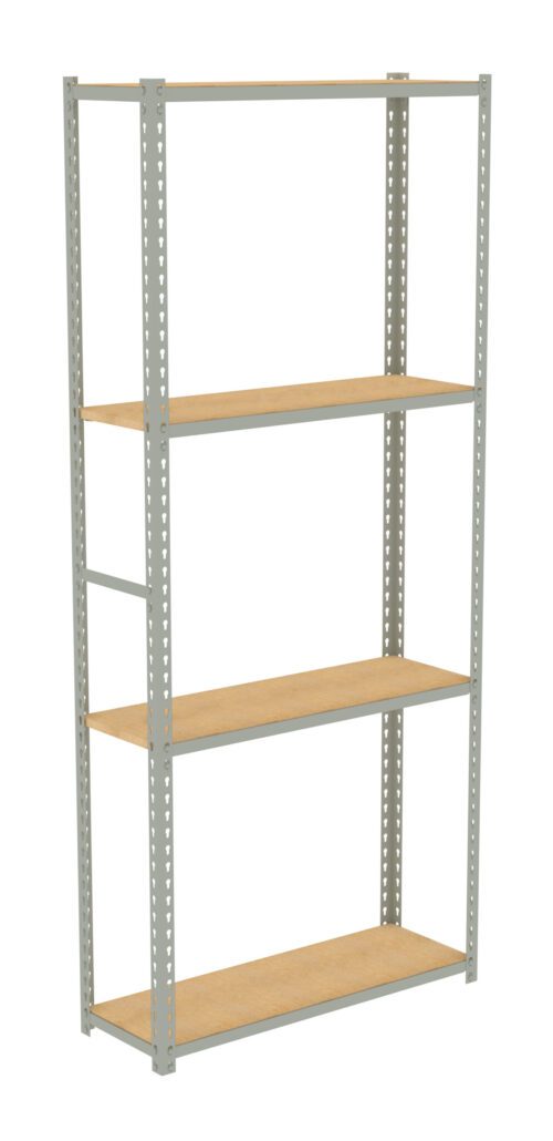 A metal shelving unit with four wooden shelves, featuring a light gray frame and adjustable shelf height options. The design is simple and functional, suitable for storage in various settings.