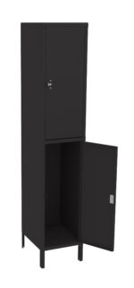A tall, black metal locker with two compartments. The lower compartment door is open, while the upper compartment door is closed. The locker stands on four legs and has a simple, sleek design.