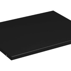 Black rectangular shelf panel, viewed from an angle, with a simple, flat design and smooth surface. The panel has two small holes on one side, possibly for mounting or attachment purposes. The image has a plain white background.