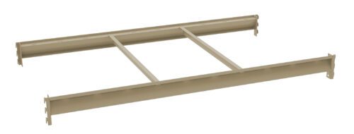 A beige metal frame structure with two parallel beams joined by two perpendicular crossbars. The frame has a rectangular shape, with evenly spaced holes along the sides. The background is white.