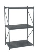 A three-tier industrial metal shelving unit with a grey finish. The shelves are evenly spaced and held up by vertical supporting beams, designed for heavy-duty storage. The open slatted shelves allow for airflow and visibility.