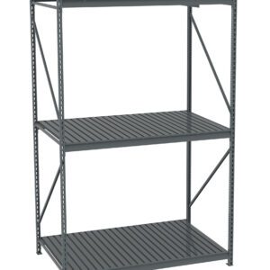A three-tier industrial metal shelving unit with a grey finish. The shelves are evenly spaced and held up by vertical supporting beams, designed for heavy-duty storage. The open slatted shelves allow for airflow and visibility.