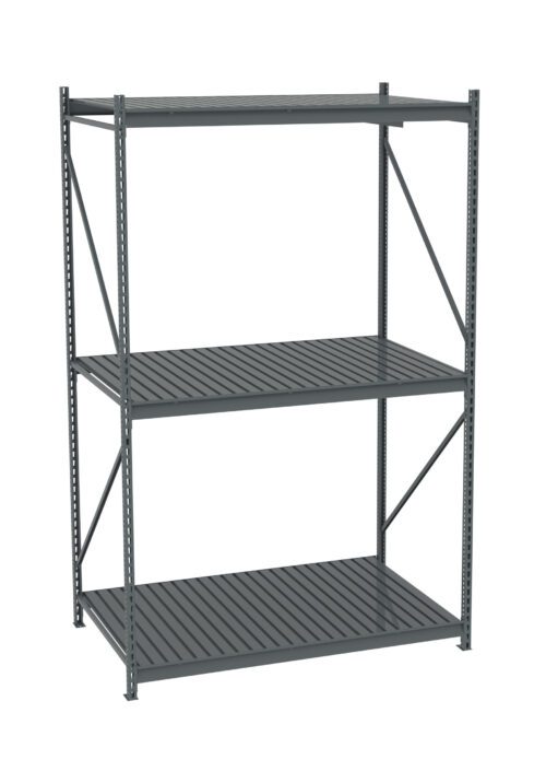 A three-tier industrial metal shelving unit with a grey finish. The shelves are evenly spaced and held up by vertical supporting beams, designed for heavy-duty storage. The open slatted shelves allow for airflow and visibility.