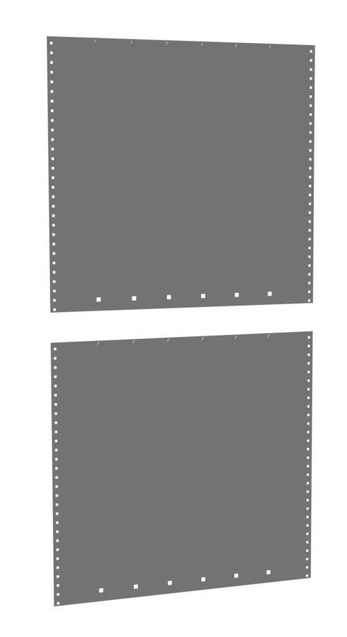 Two blank sheets of continuous gray perforated paper, each with a row of rectangular holes near the top, aligned vertically with dotted edges for printing. The sheets are separated by a small gap.