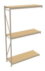 Metal shelving unit with three adjustable wooden shelves. The frame is constructed from silver metal and features supporting beams on one side. The design is minimalistic and open, suitable for storage or display purposes.
