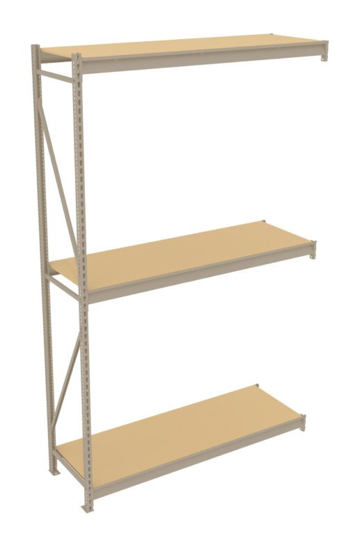 Metal shelving unit with three adjustable wooden shelves. The frame is constructed from silver metal and features supporting beams on one side. The design is minimalistic and open, suitable for storage or display purposes.