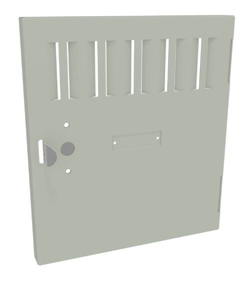 A square, light gray metal panel with vertical rectangular cutouts at the top, two circular holes on the left, and a rectangular indentation in the center.