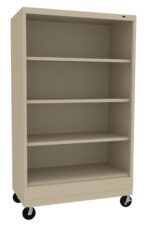 A tall, beige metal storage cabinet on wheels with four shelves, positioned against a white background. The shelves are evenly spaced and the cabinet has a minimalistic design.